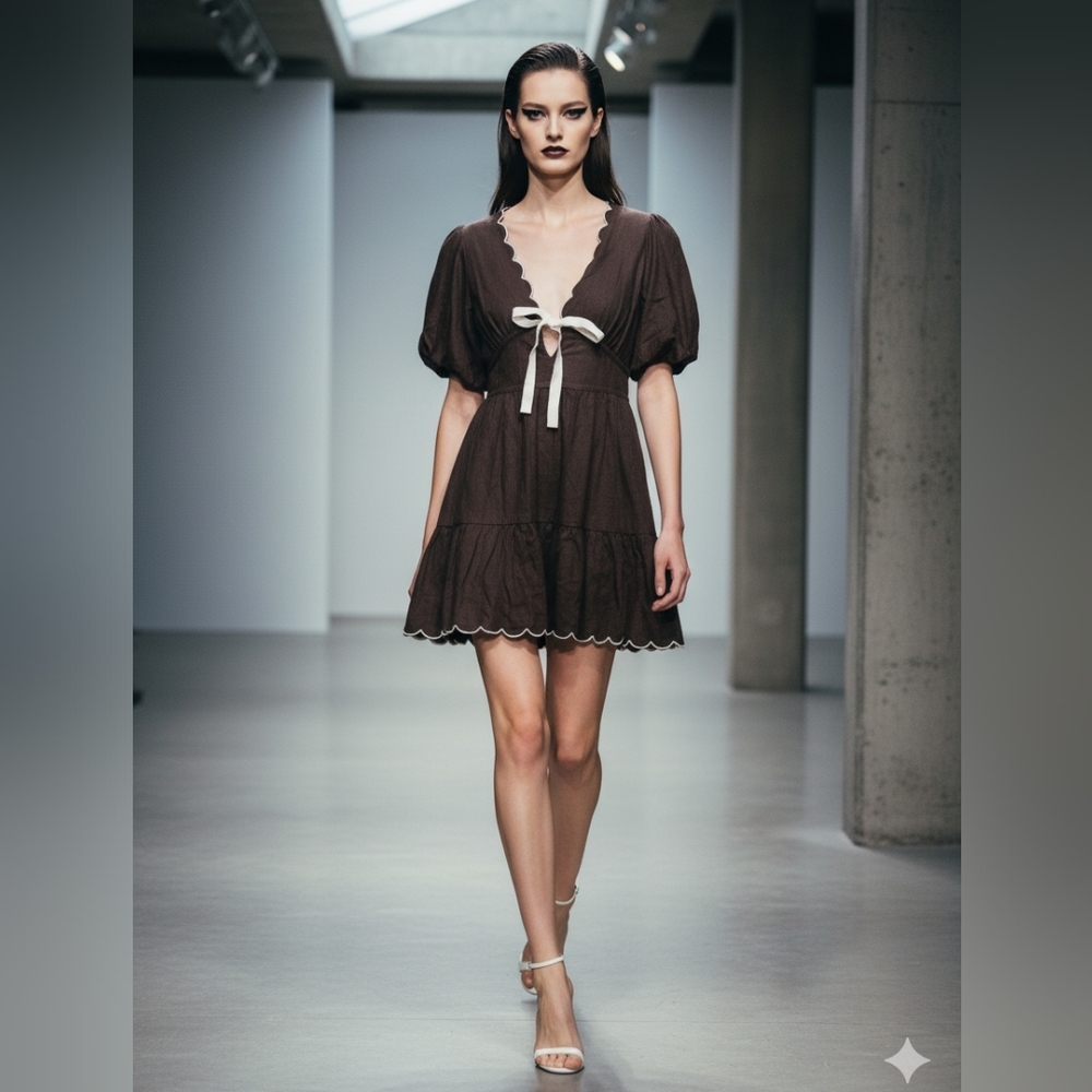 House of Harlow 1960 Chocolate Brown Dress with Scalloped Ivory Trim
